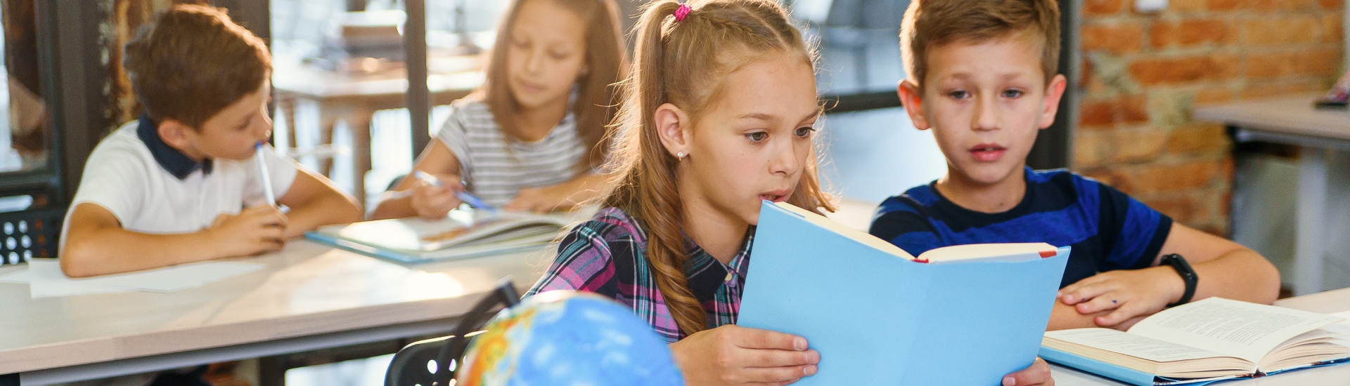 students studying with a globe on the desk